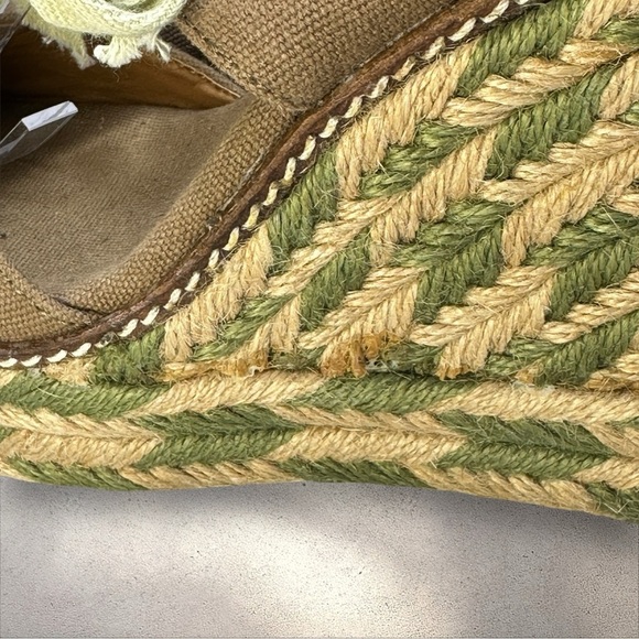 Tory Burch Espadrille Linley Wedge Sandals Brown Canvas with Green/Tan Jute 8M - Picture 15 of 16